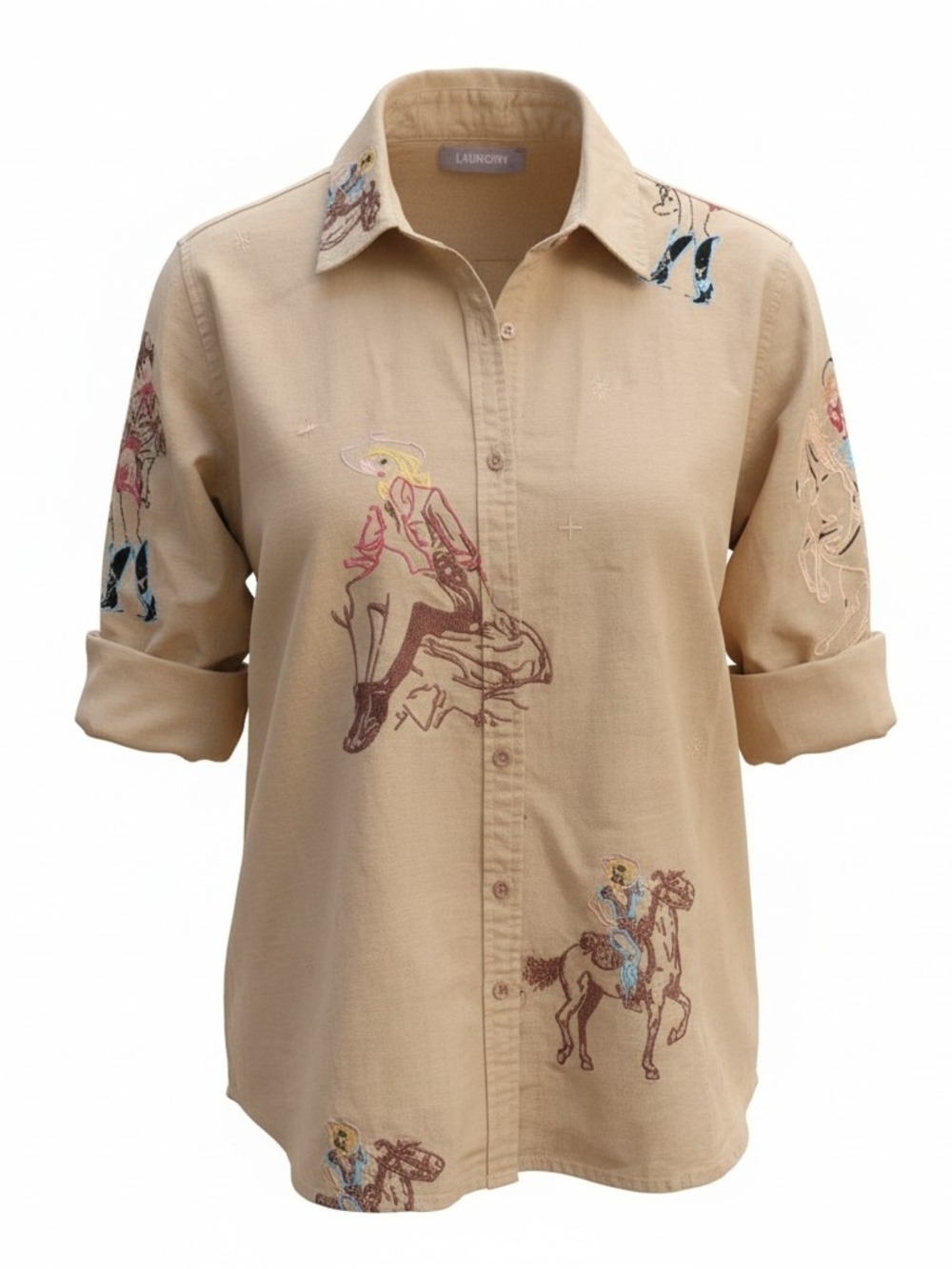 Blue B Collection Beige Tan Embroidered Country Western Button Down Blouse Small